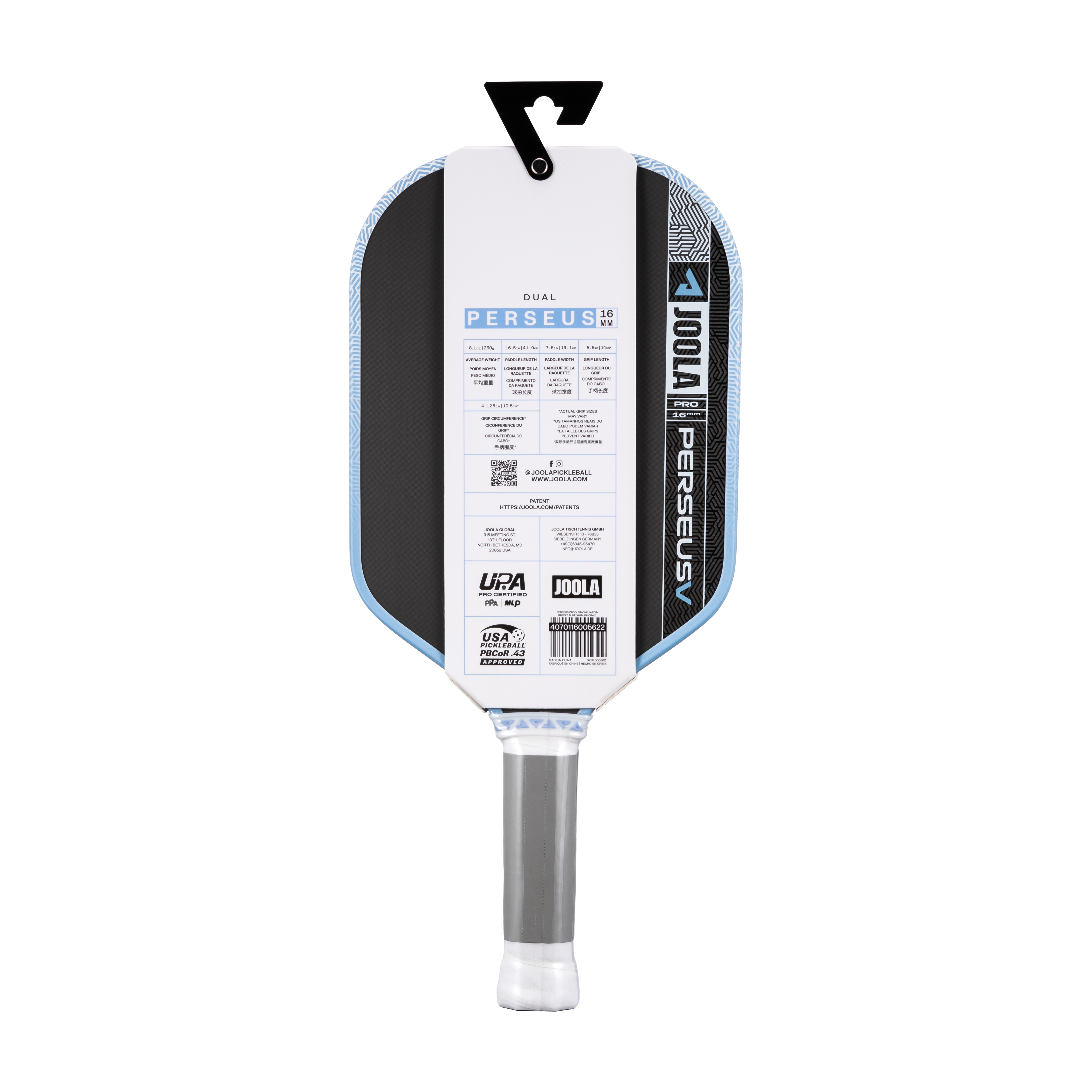 JOOLA Simone Jardim PERSEUS Pro V 16mm Pickleball Paddle (Breeze Blue)