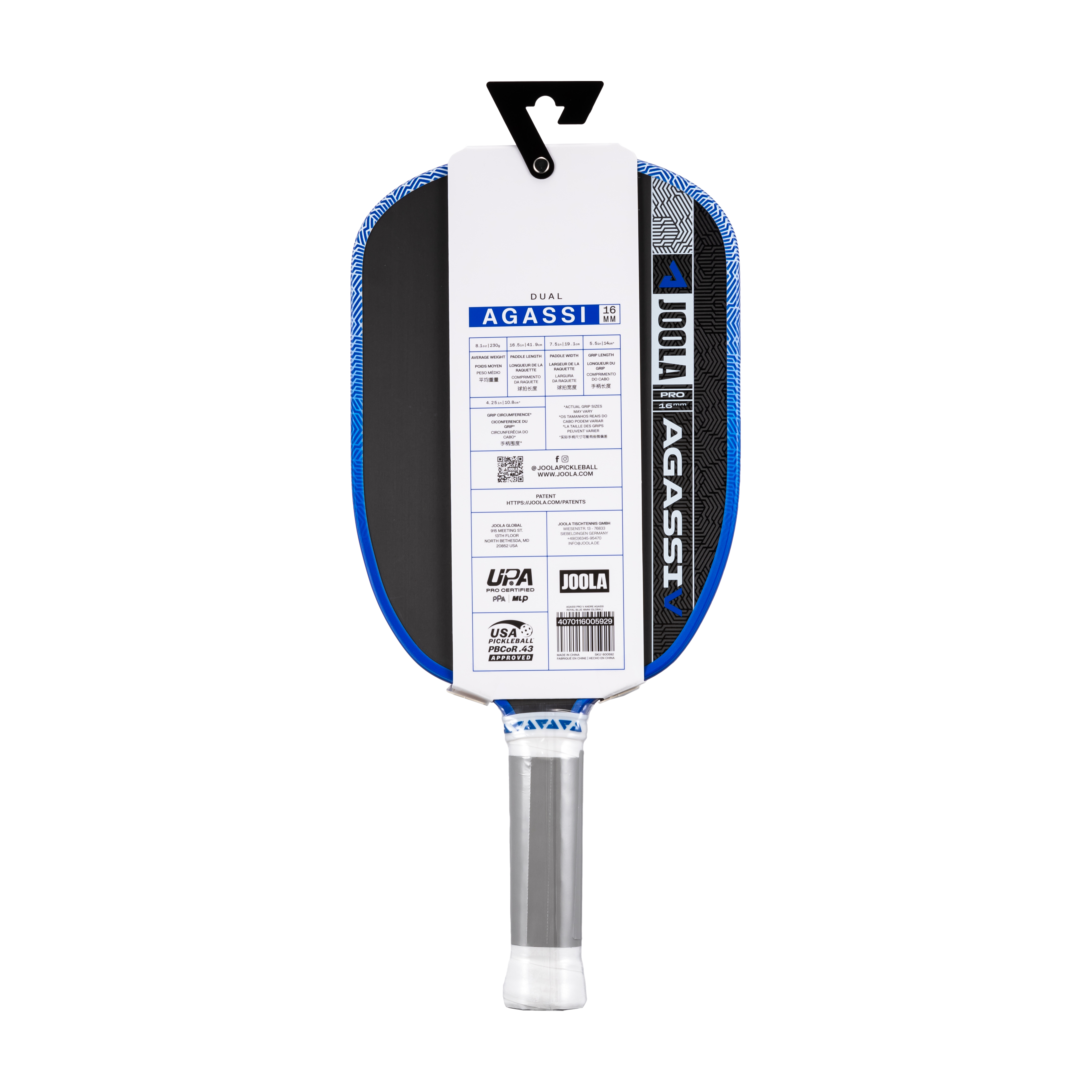 JOOLA Andre Agassi AGASSI Pro V 16mm Pickleball Paddle (Royal Blue)
