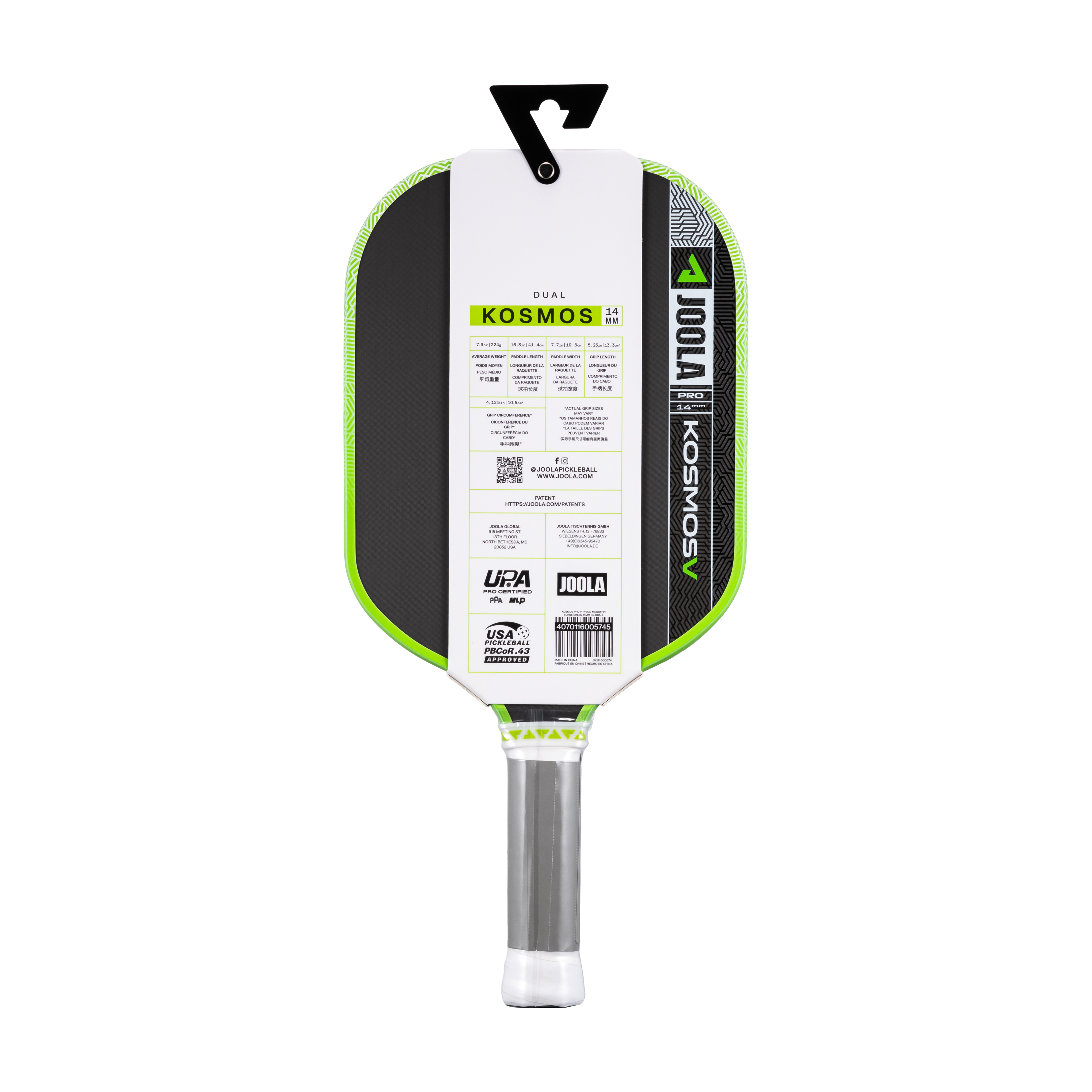JOOLA Tyson McGuffin KOSMOS Pro V 14mm Pickleball Paddle (Surge Green)
