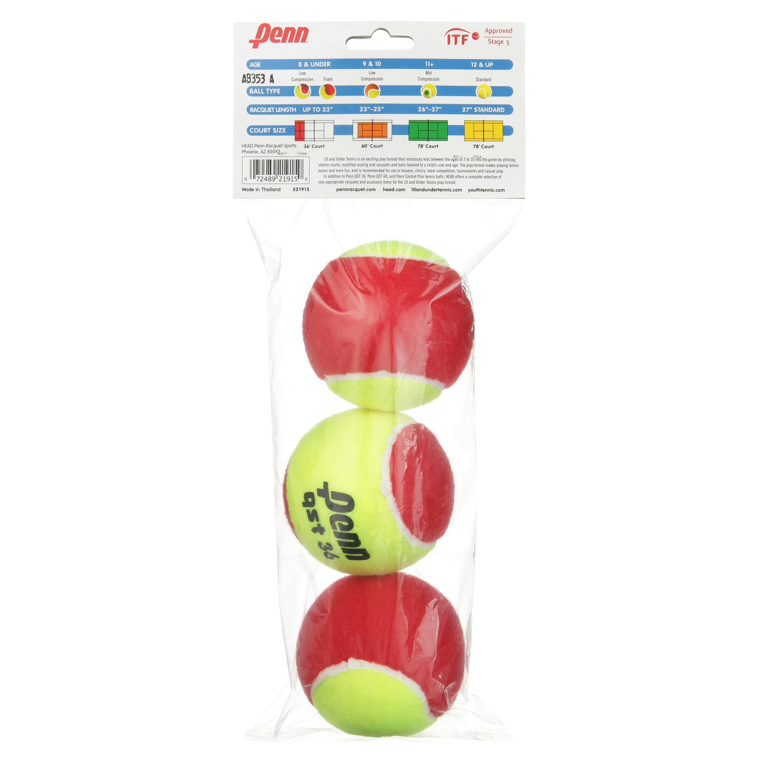HEAD Penn QST 36 - Felt Junior Tennis Ball (3-Ball Polybag)