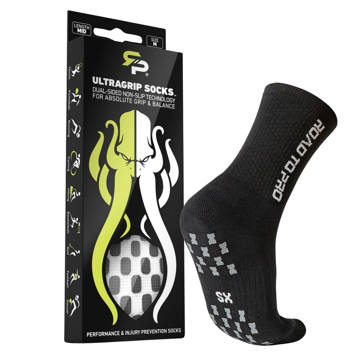 RTP UltraGrip V2 Dual-Sided Non-Slip Crew Tennis Socks (Black)