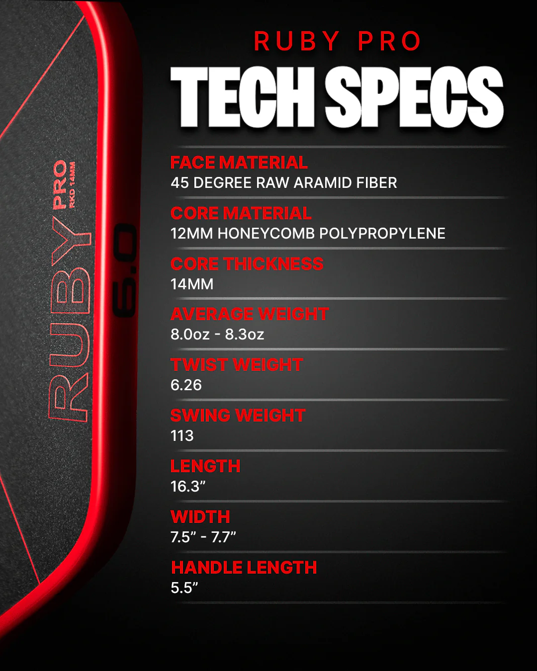 Six Zero Ruby Pro (14mm) Pickleball Paddle